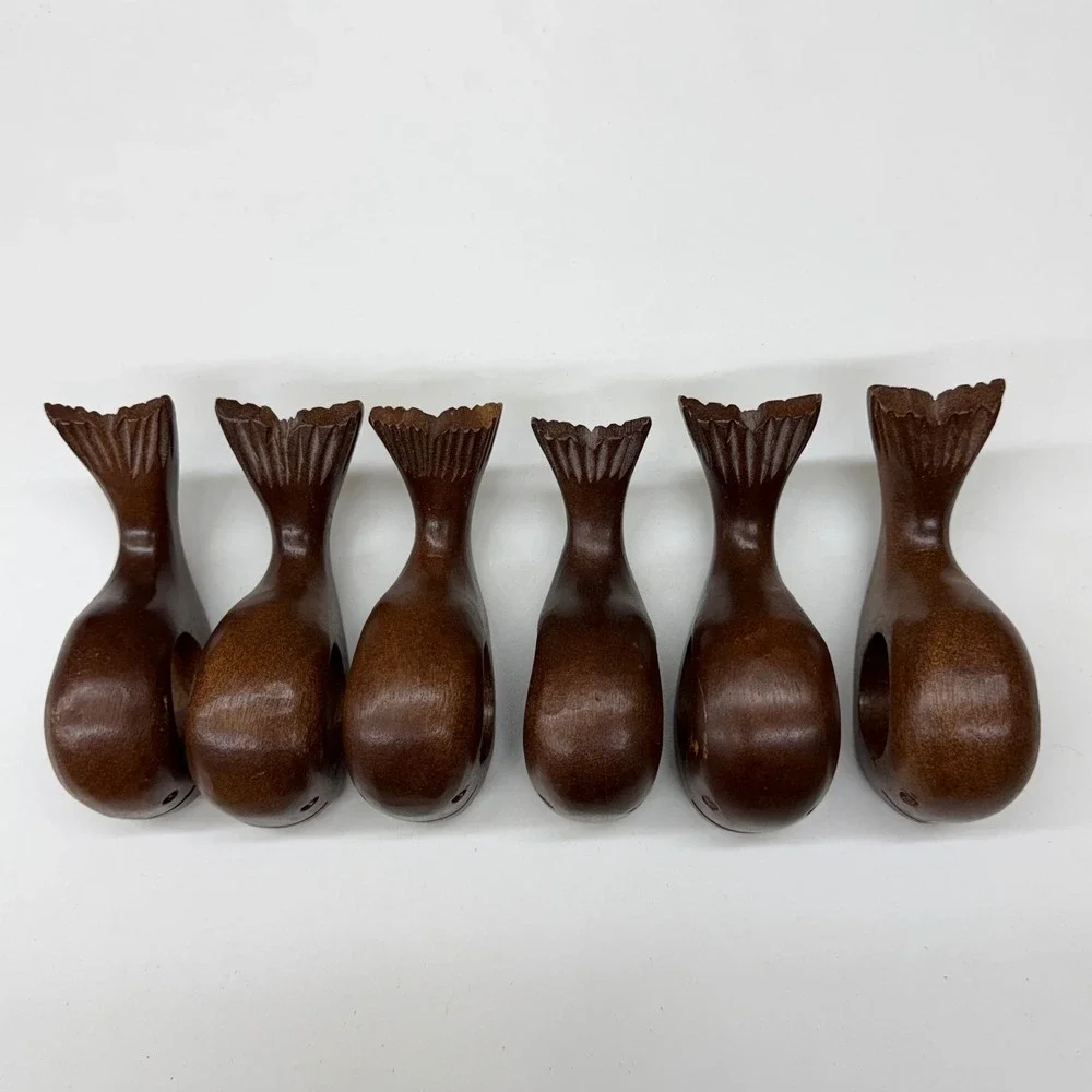 Vintage Hand Carved Wood Whale Napkin Rings Set of 6 Dark Brown Nautical Coastal